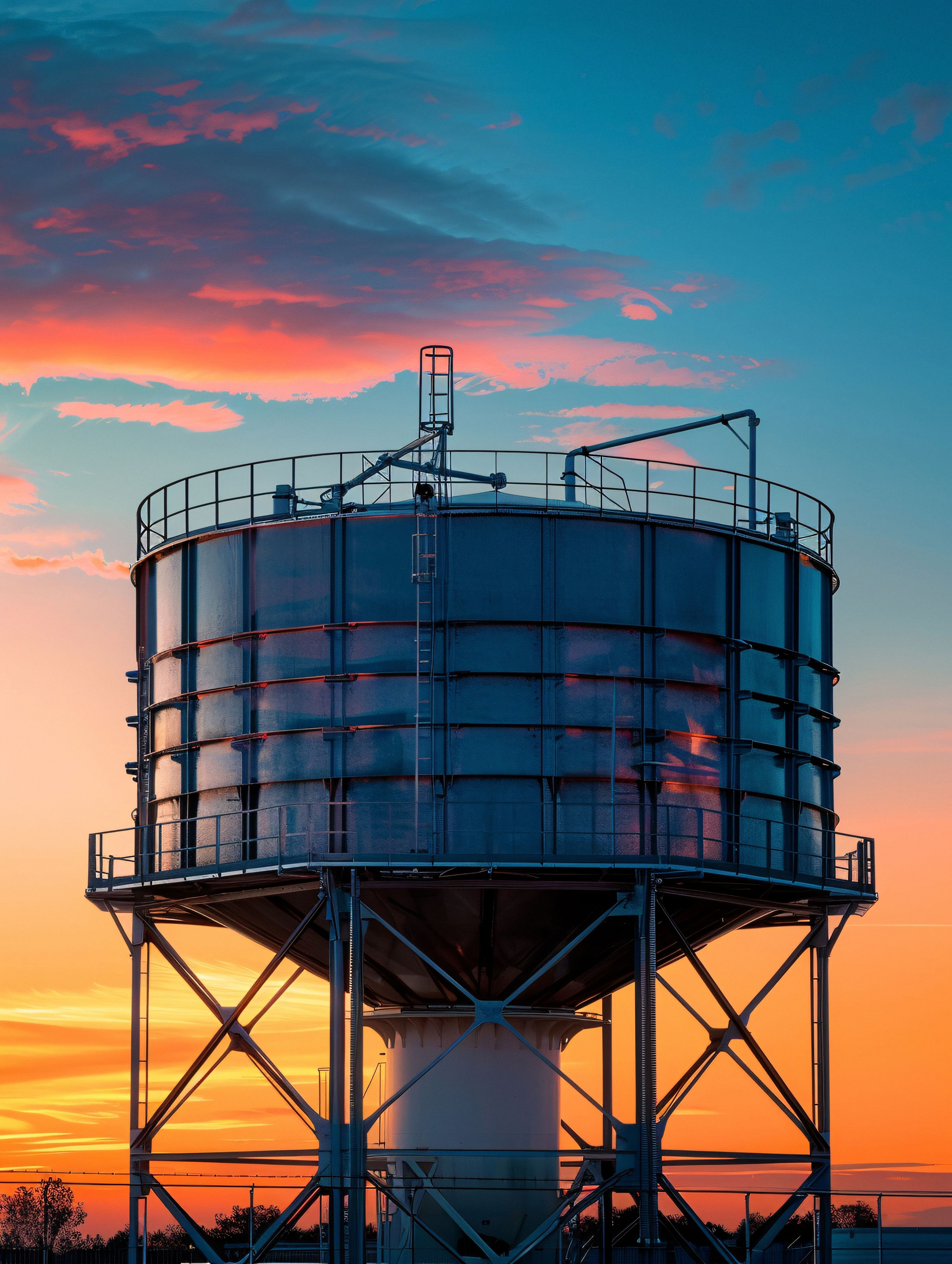 Elevated water tower at dusk